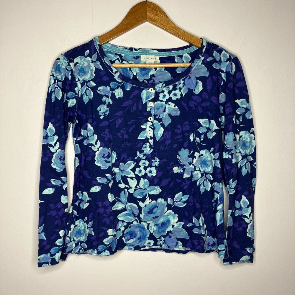 Sundance Women's Floral Long Sleeve Henley Top Blue Size PXS
